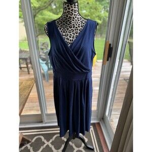 Lands End Fit & Flare Sleeveless Dress Womens 18 Navy Blue Cotton Blend V-neck